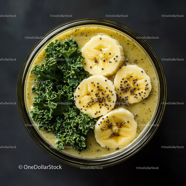 Zdrowy zielony smoothie z bananem i nasionami chia z jarmużem