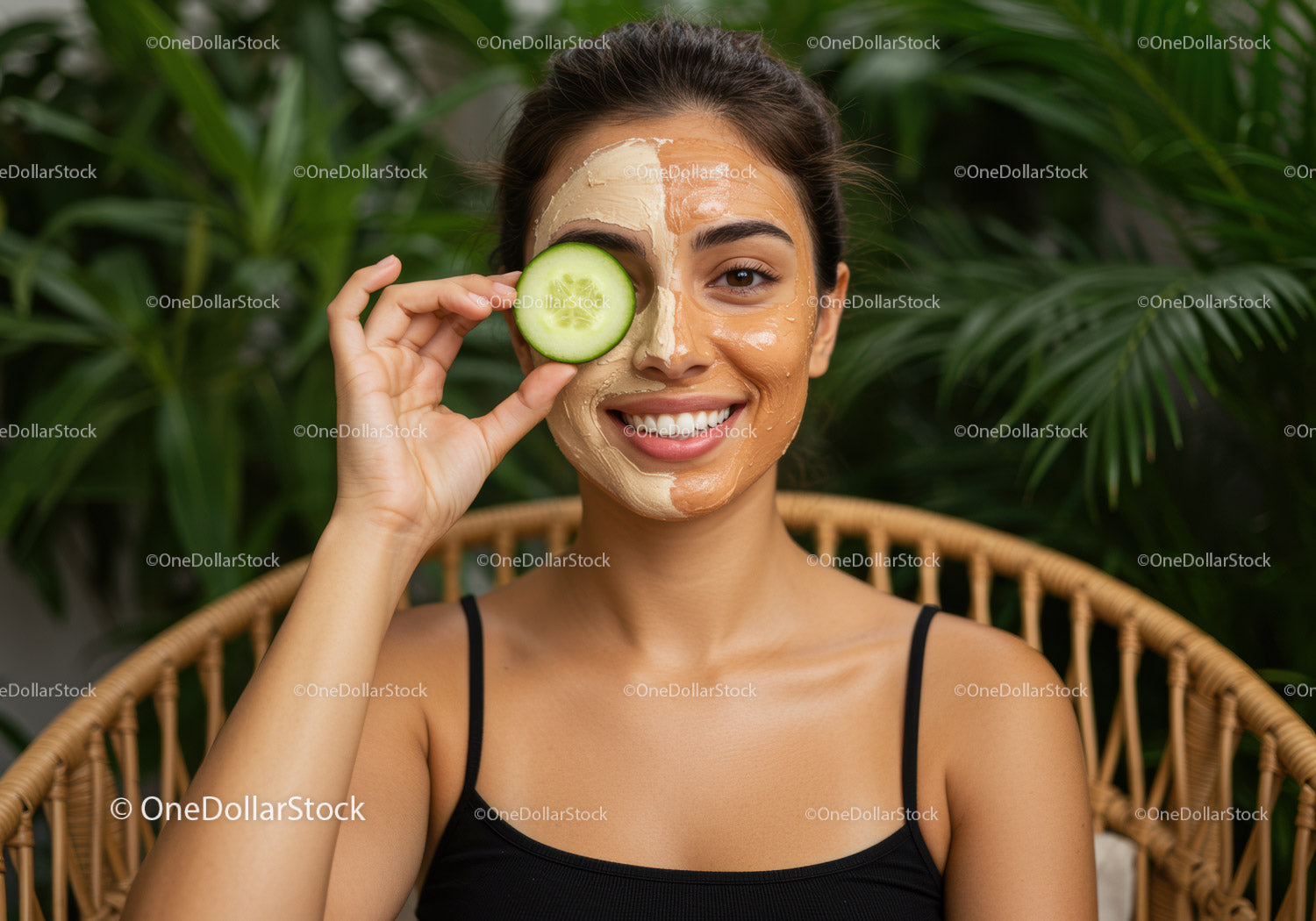 Young Woman with Cucumber on Eye and Facial Mask in Natural Setting