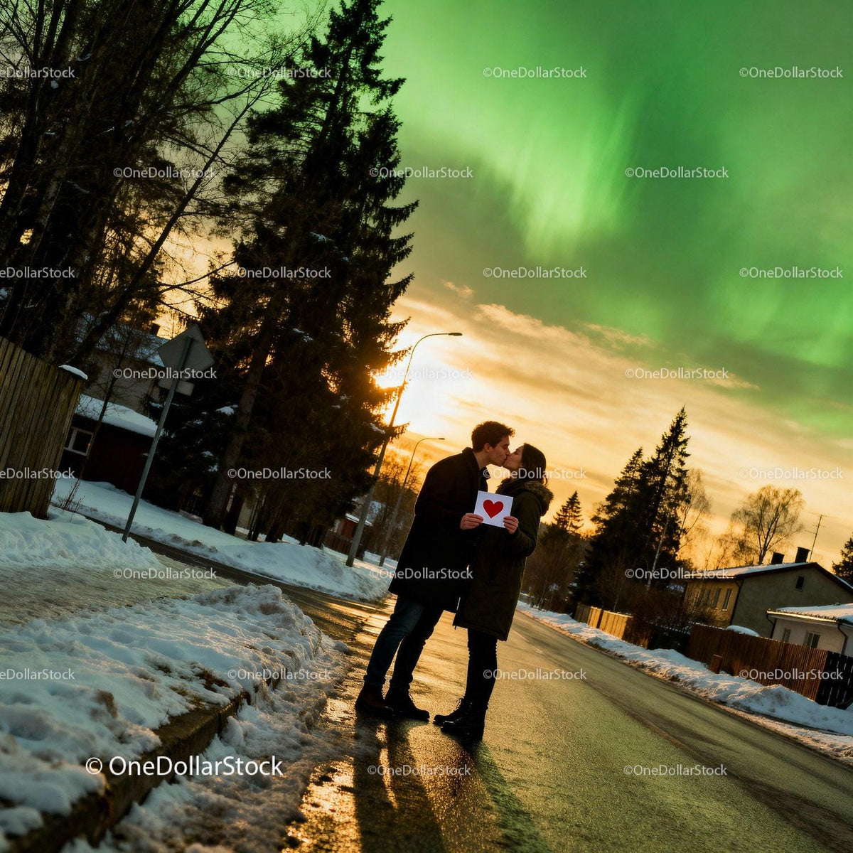 Couple sharing a kiss with heart card under northern lights