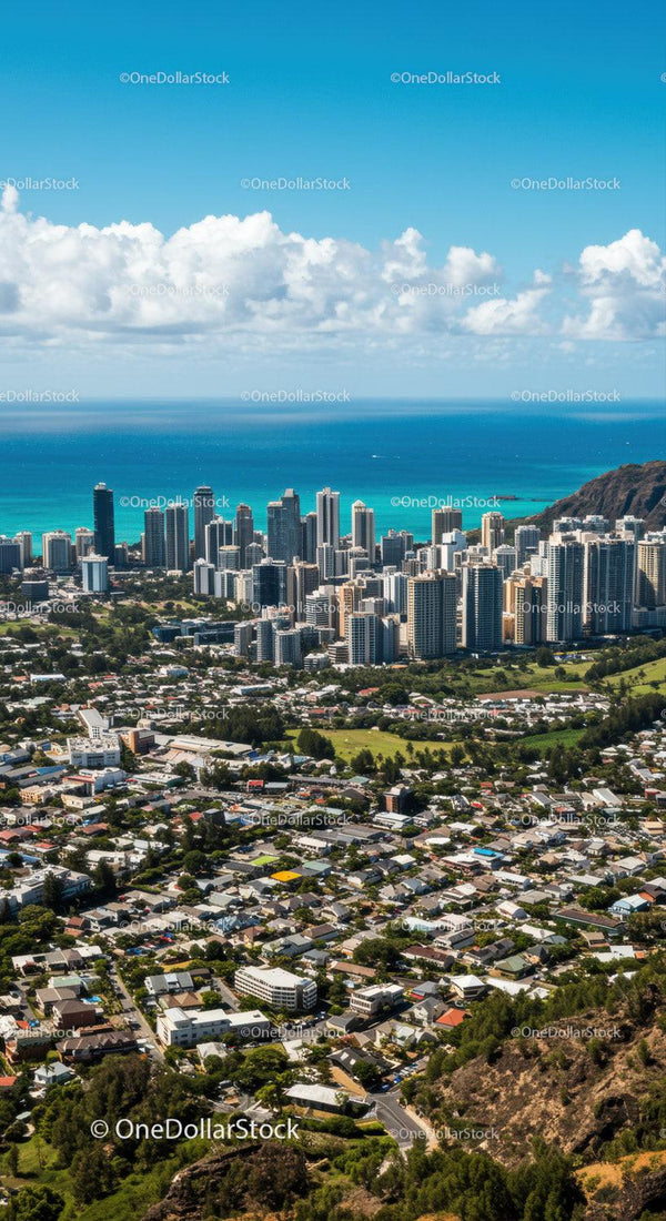 Bustling Downtown Skyline with Coastal Ocean and Mountain Backdrop