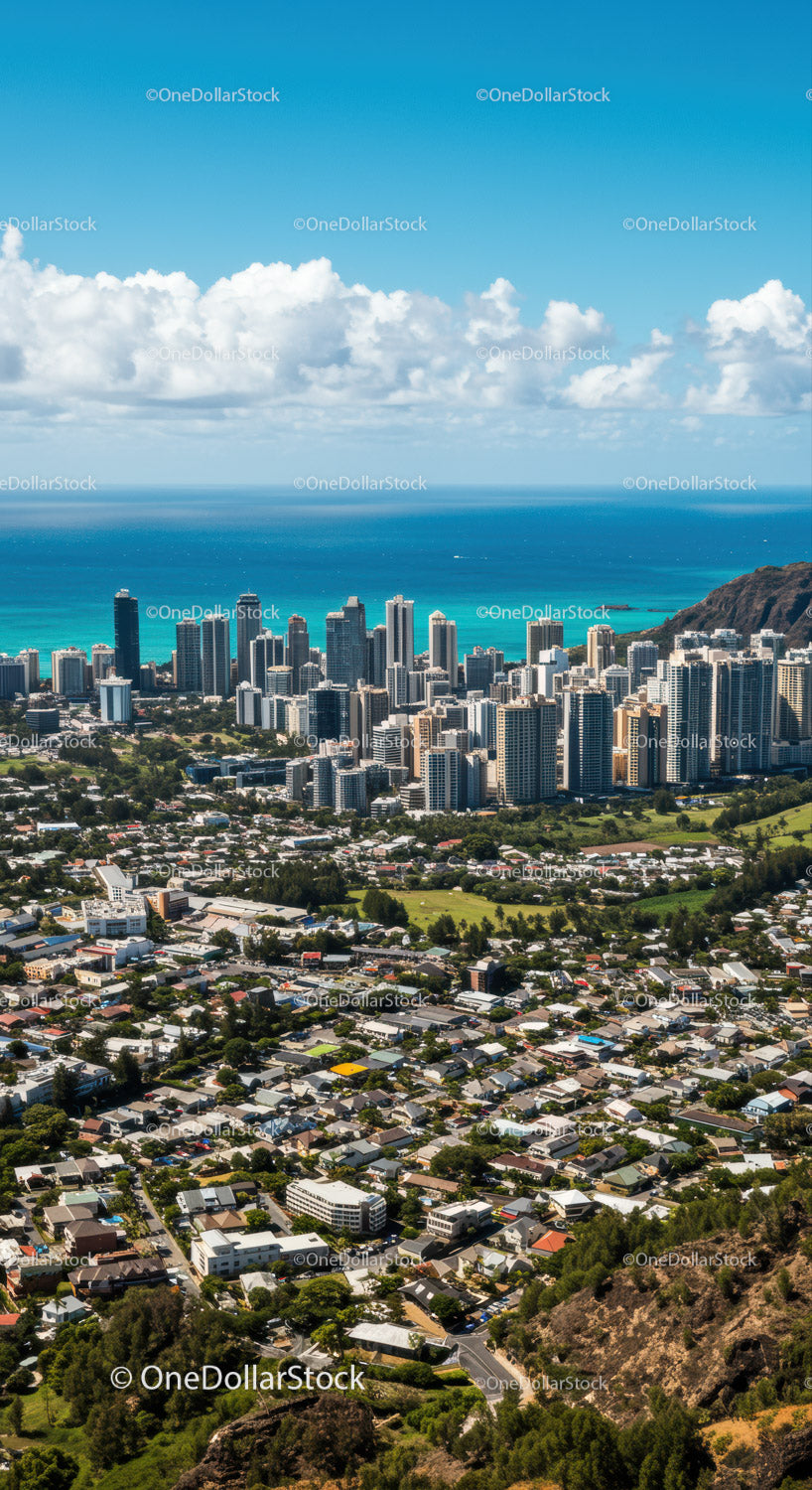 Bustling Downtown Skyline with Coastal Ocean and Mountain Backdrop