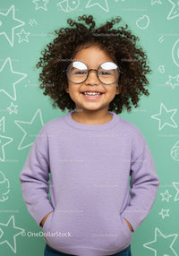 Smiling girl with curly hair wearing round glasses