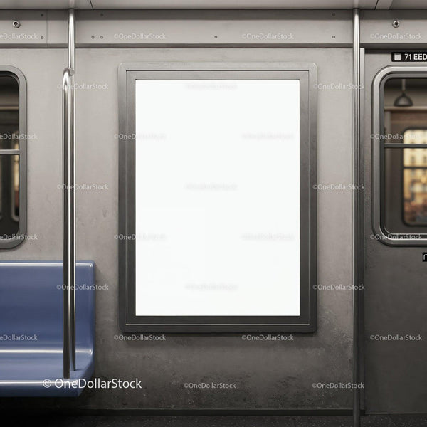 Blank advertising board inside urban subway train JPG Mockup Image