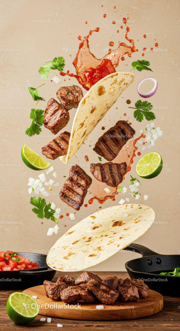 Składniki Tacos z Grillowaną Wołowiną w Dynamicznej Kompozycji Latającej