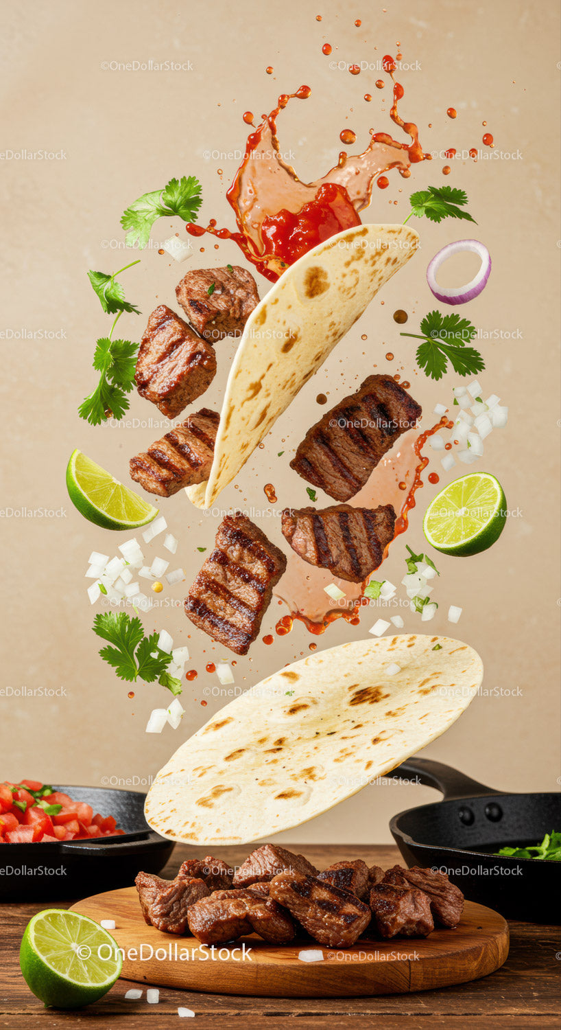 Grilled Beef Taco Ingredients in Dynamic Flying Composition