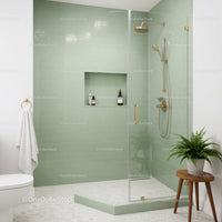 Modern bathroom with green tiled shower and plants