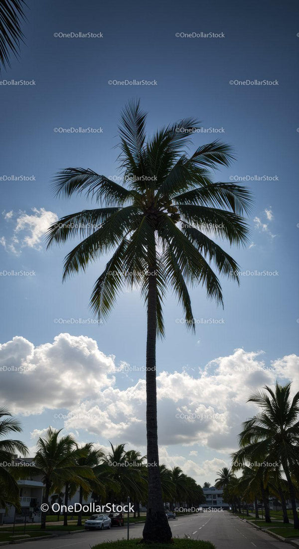 Tall Palm Tree in a Sunny Suburban Street Scene