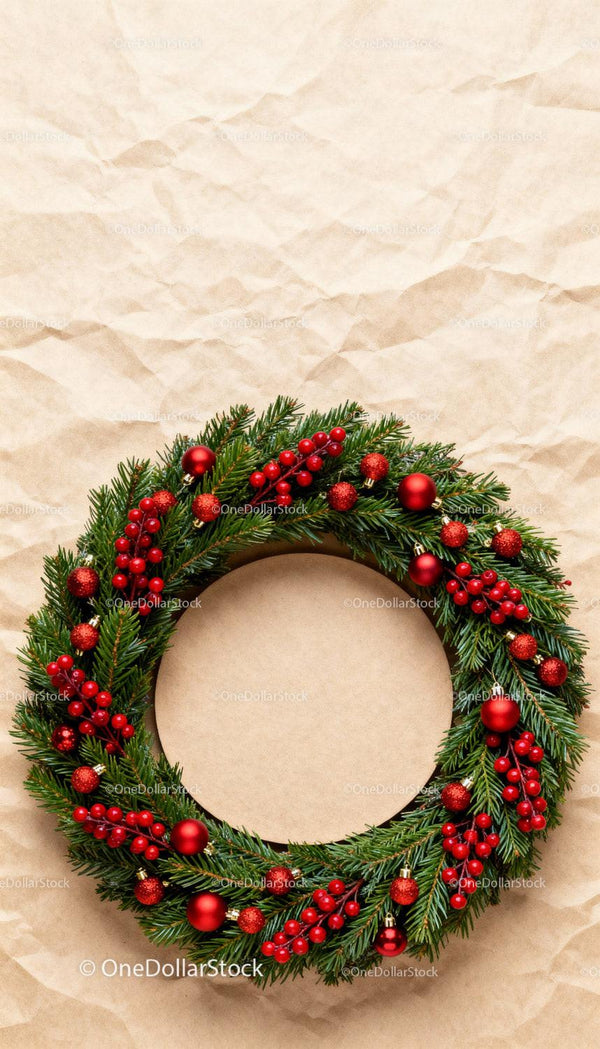 Festive Christmas wreath with red berries and ornaments