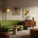 Cozy living room with green curved sofa and retro decor