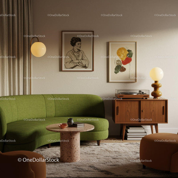 Cozy living room with green curved sofa and retro decor