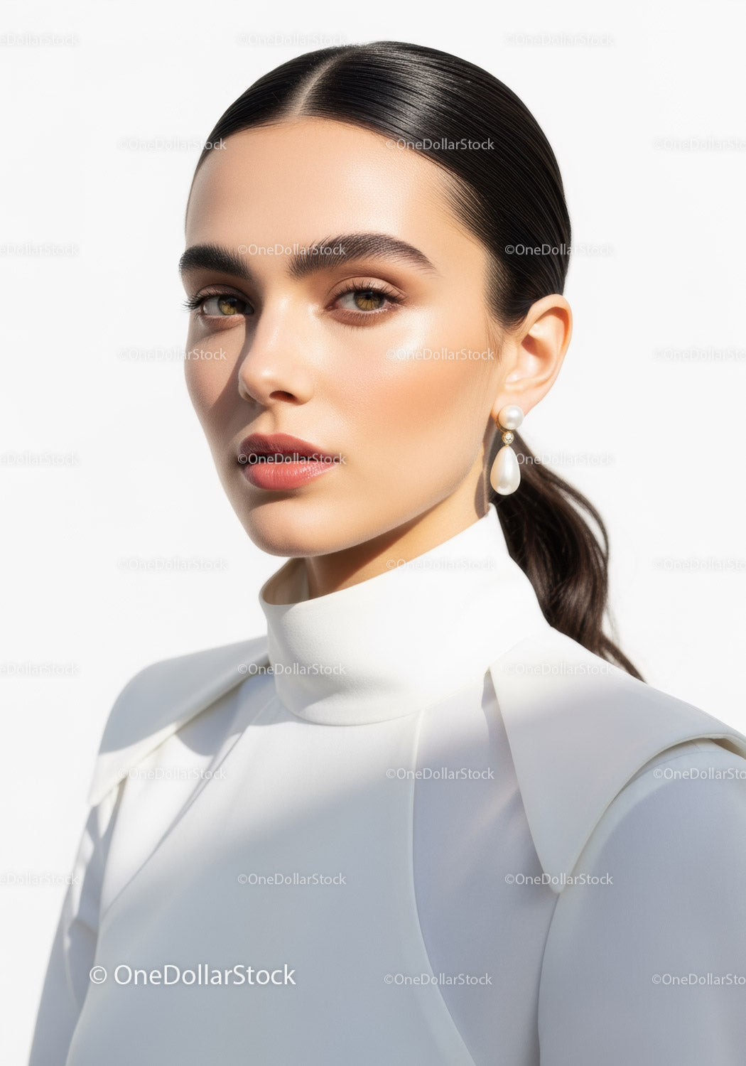 Elegant Woman Portrait in White Outfit with Pearls Emphasizing Sophistication