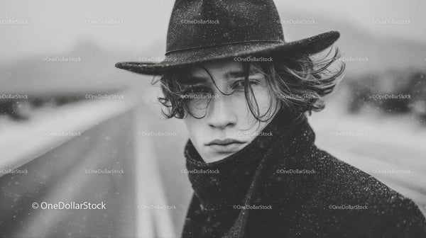 Moody Black and White Portrait of a Young Man in Cowboy Hat