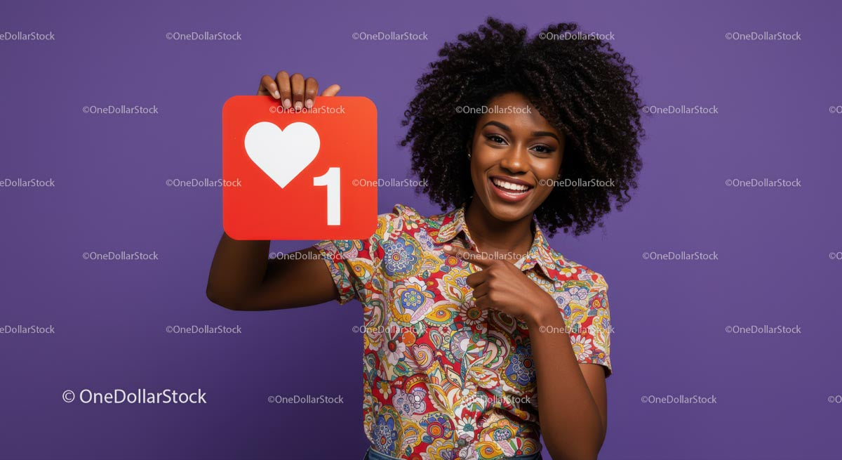 Happy Young Woman Holding Social Media Like Icon in Bright Studio