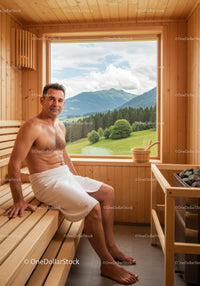 Relaxing Man in Sauna with Mountain View and Natural Scenery