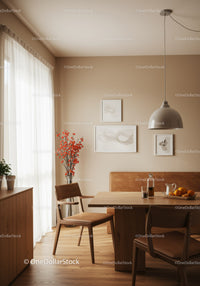 Modern Minimalist Dining Room with Wooden Furniture and Wall Art