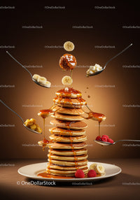 Stack of fluffy pancakes with fresh fruit and syrup