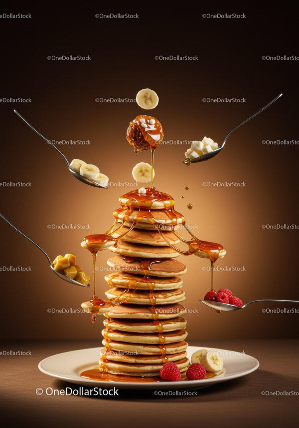 Stack of fluffy pancakes with fresh fruit and syrup