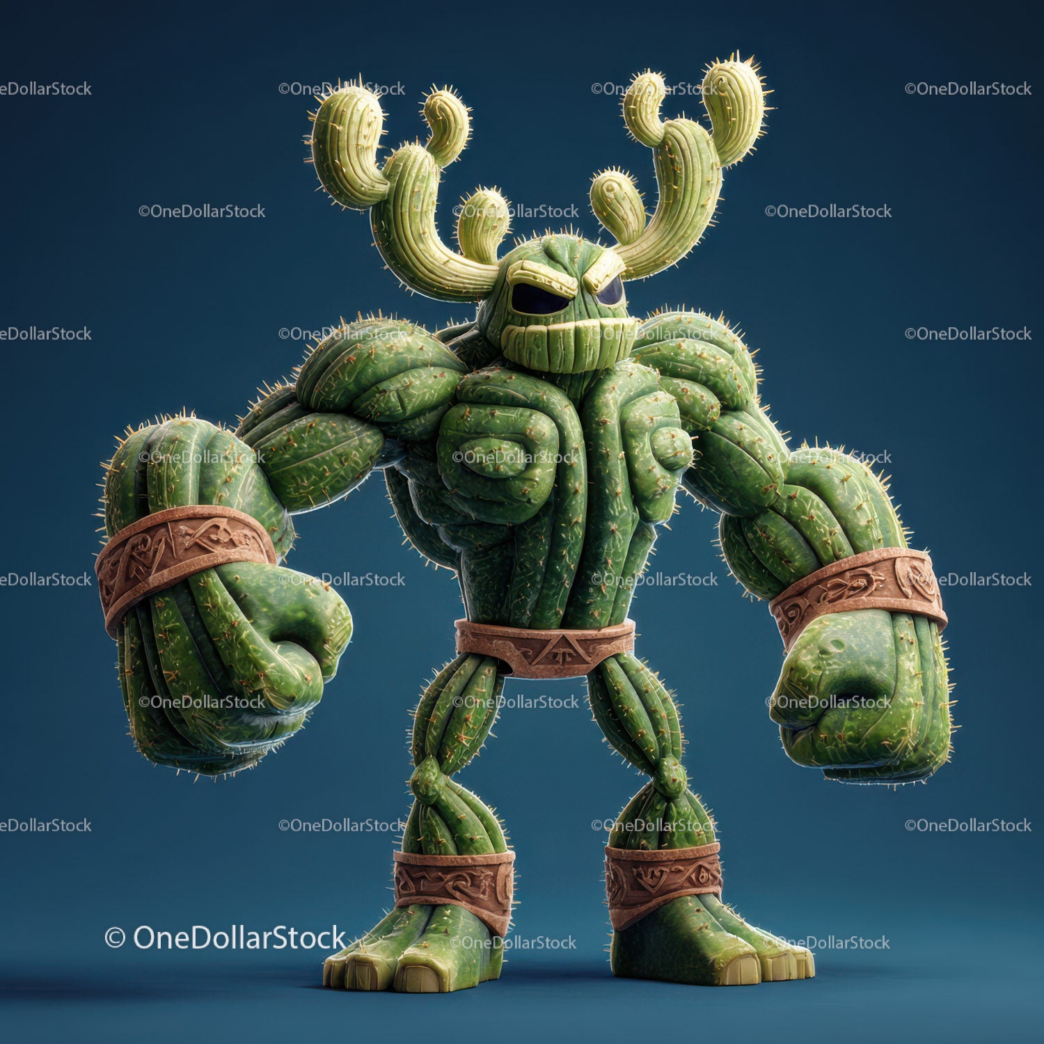 Vibrant Green Anthropomorphic Cactus Character with Muscular Build