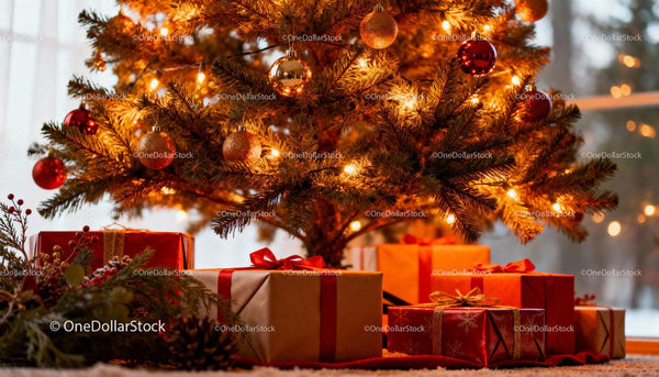 Cozy Christmas tree with glowing lights and wrapped gifts