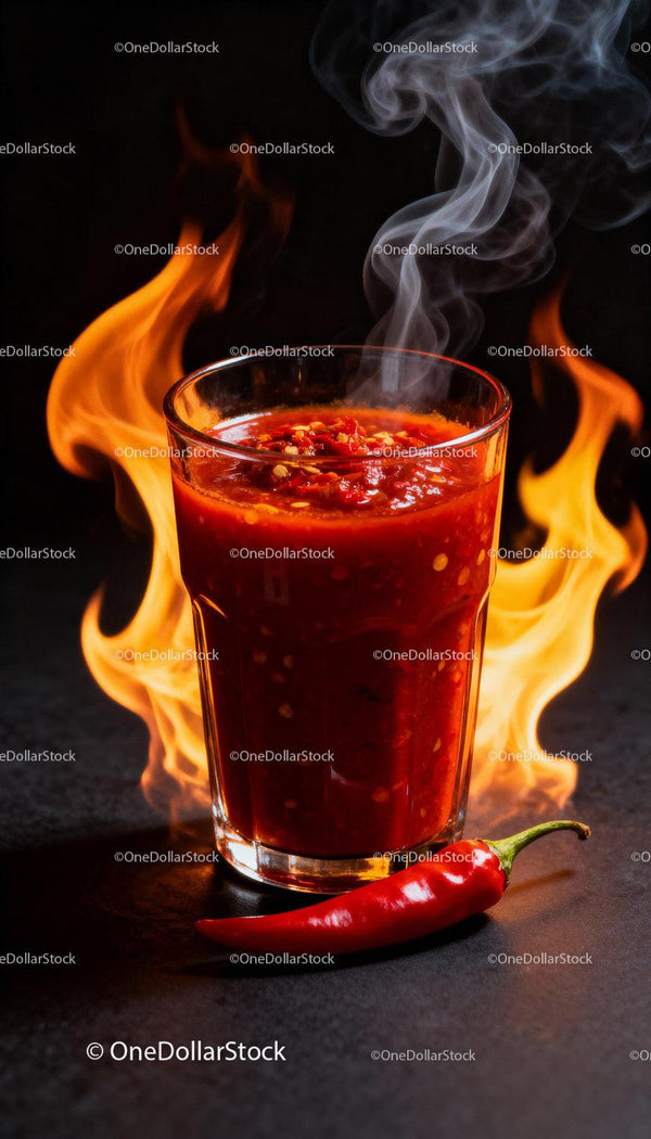 Spicy chili sauce with fiery flames and smoke