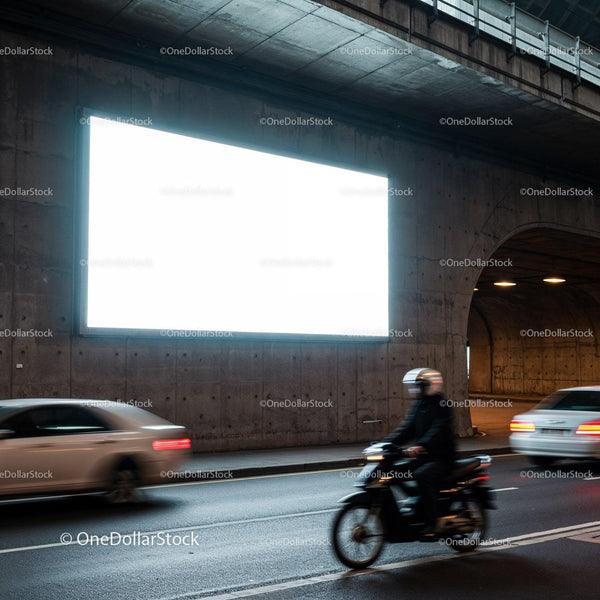 Motorcyclist and cars passing by illuminated billboard JPG Mockup Image