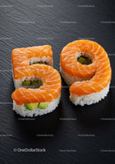 Fresh salmon sushi shaped as number fifty nine