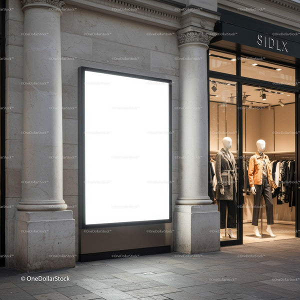 Fashion Storefront with Illuminated Blank Advertising Poster JPG Mockup Image