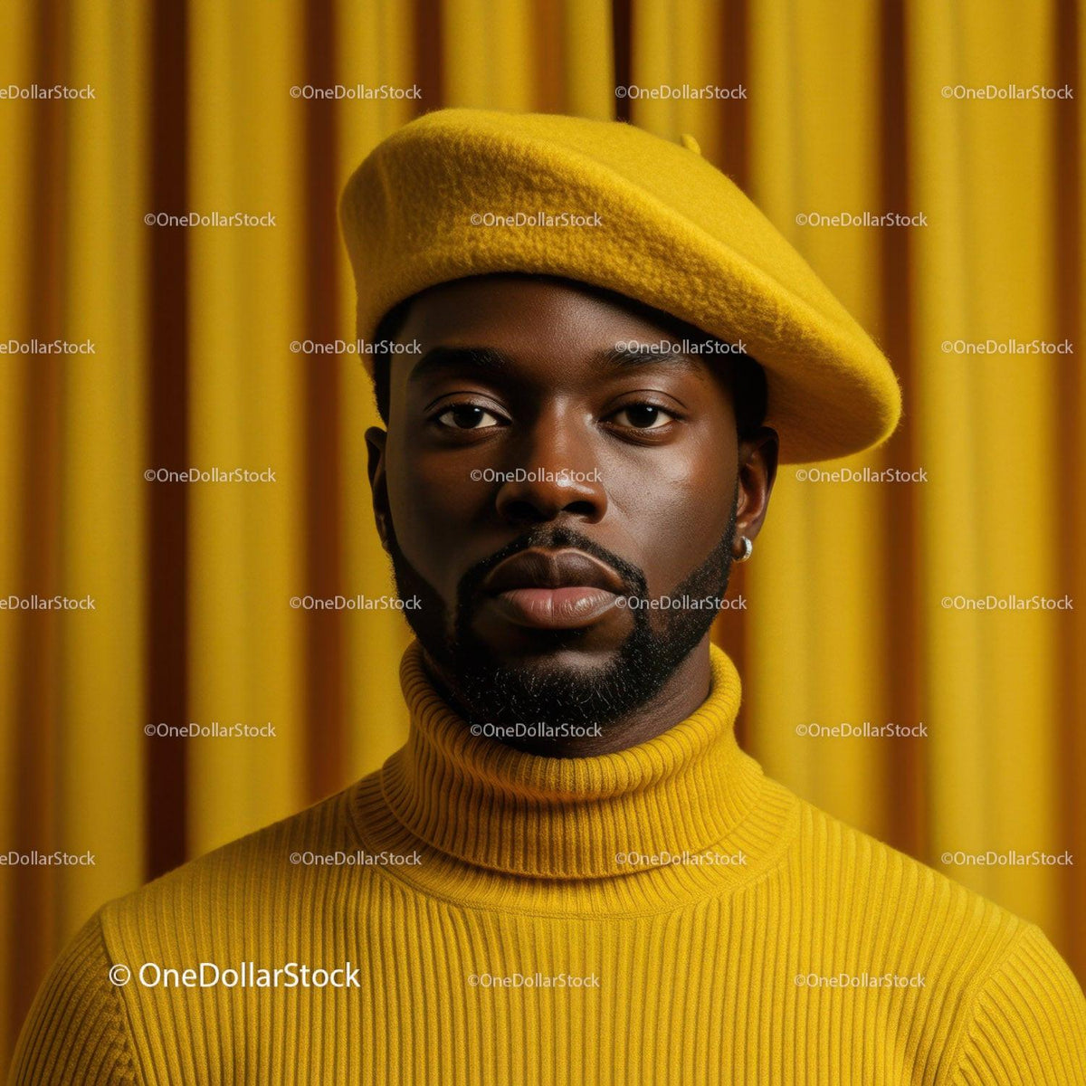 Confident man in yellow turtleneck and beret