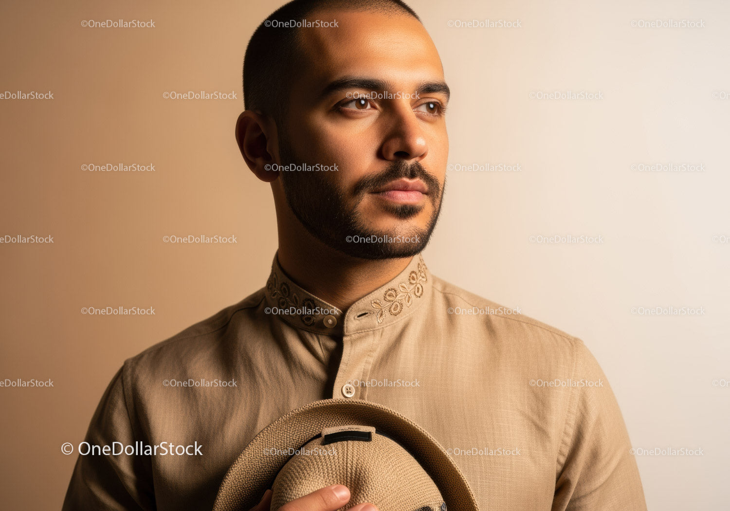 Elegant Male Portrait in Beige Shirt and Fedora Hat