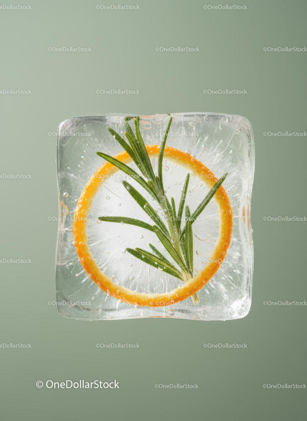 Fresh rosemary and orange slice frozen in clear ice cube