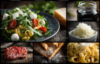 Fresh Pasta with Cherry Tomatoes Mozzarella and Basil on Rustic Plate