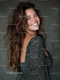 Bright Smiling Woman with Wavy Hair in Gold Glitter Dress