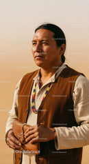 Native American Man in Traditional Clothing with Woven Pouch in Desert