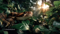 Close-Up of Brown and Black Snake Resting in Green Leaves at Sunrise