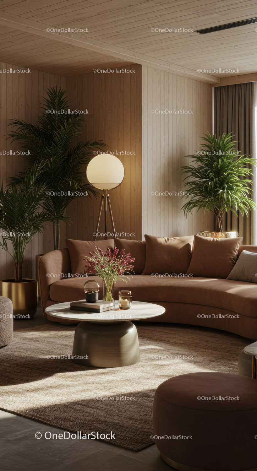 Cozy modern living room with curved sofa and plants