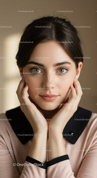 Close-Up Portrait of Young Woman with Blue Eyes and Brunette Hair