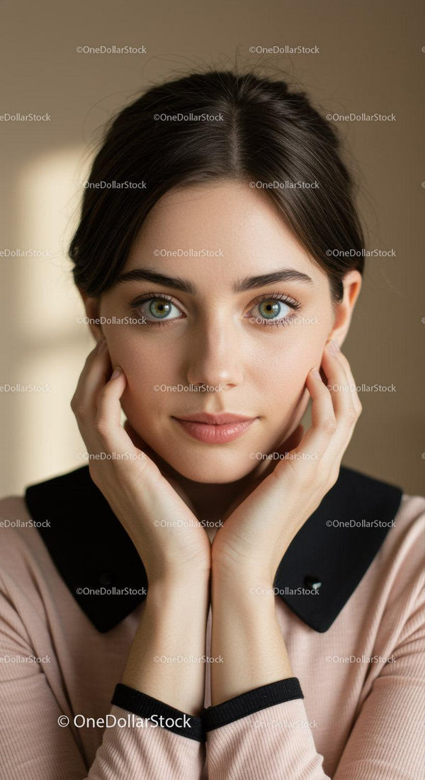 Close-Up Portrait of Young Woman with Blue Eyes and Brunette Hair