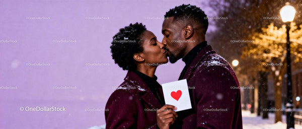 Affectionate couple kissing with Valentine card outdoors