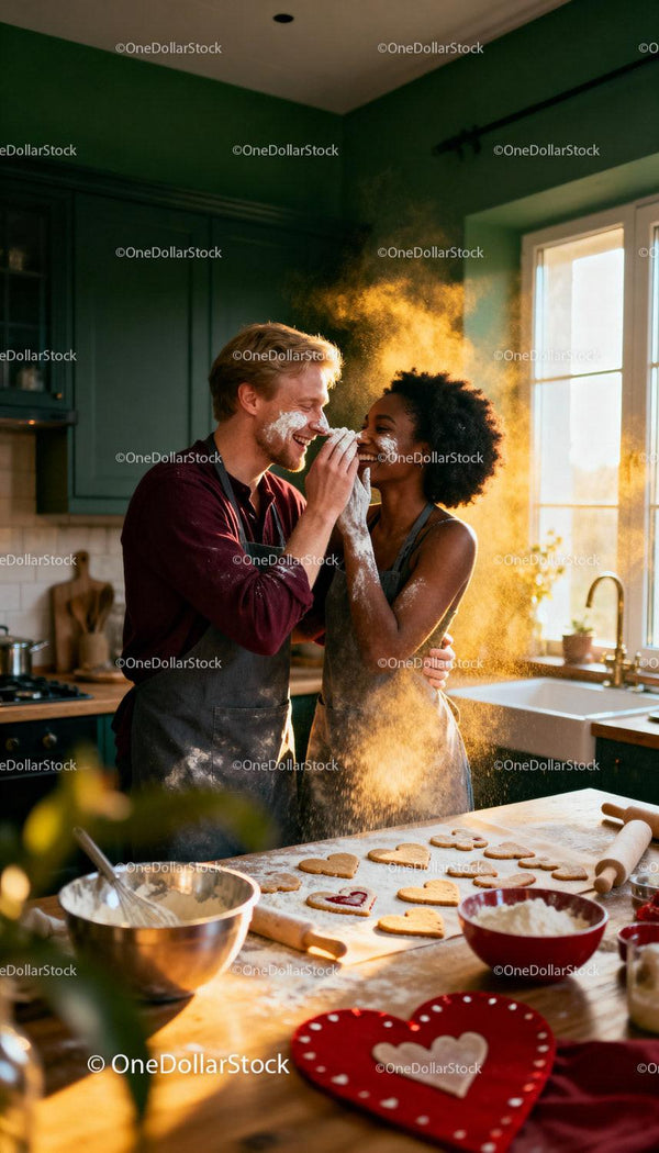 Couple baking heart cookies together in cozy kitchen