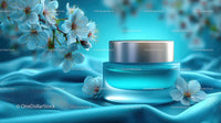Refreshing Cosmetic Jar with Cherry Blossoms on Blue Silk