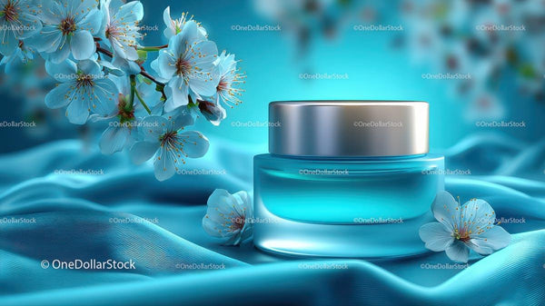 Refreshing Cosmetic Jar with Cherry Blossoms on Blue Silk JPG Mockup Image