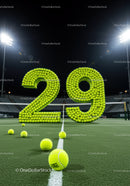 Number 29 Shaped From Tennis Balls on Court at Night