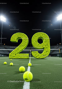 Number 29 Shaped From Tennis Balls on Court at Night