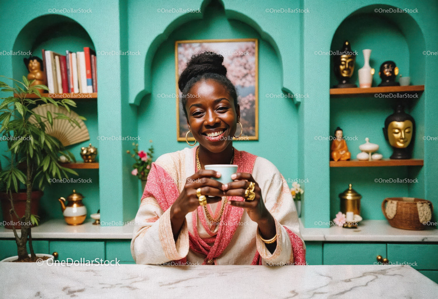 Cheerful Woman Enjoying Tea in Colorful Contemporary Interior