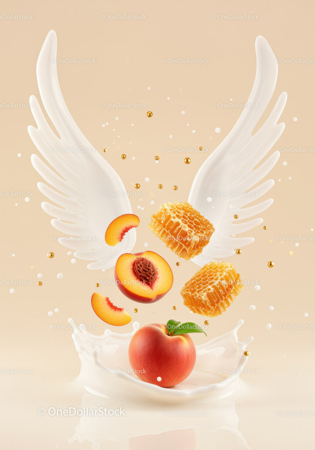Peach and honeycomb with milk splash and wings