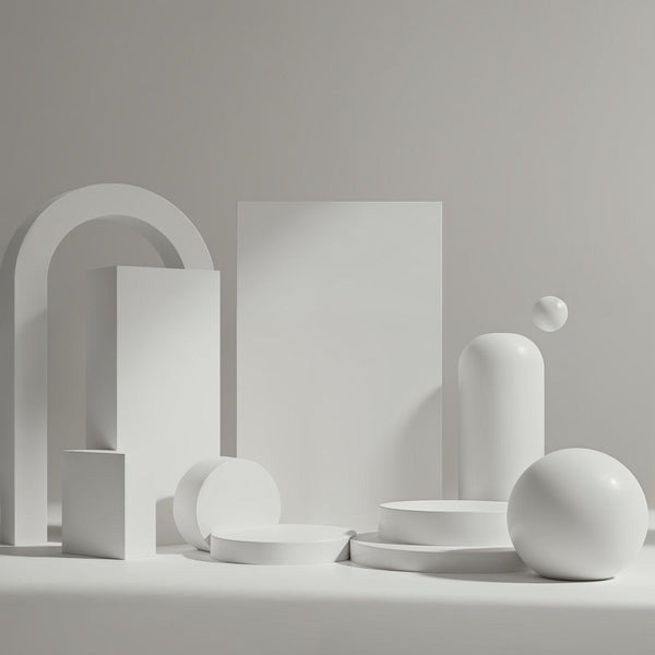 Minimalist White Geometric Shapes Composition on Table JPG Mockup Image