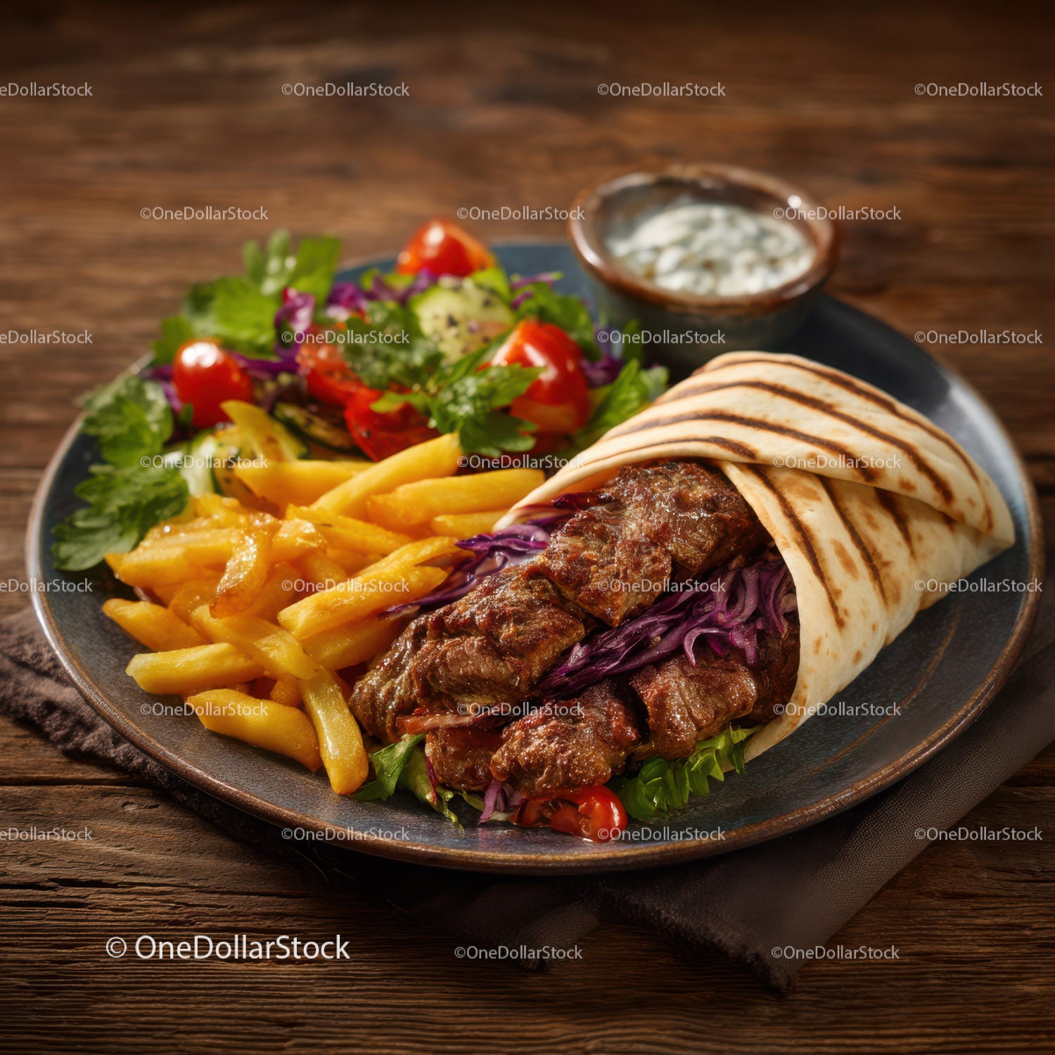 Delicious Beef Shawarma Wrap with Fries and Fresh Salad