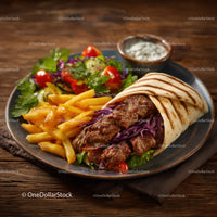 Delicious Beef Shawarma Wrap with Fries and Fresh Salad