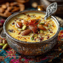 Nut and Saffron Milk in Ornate Silver Bowl for Festive Celebrations