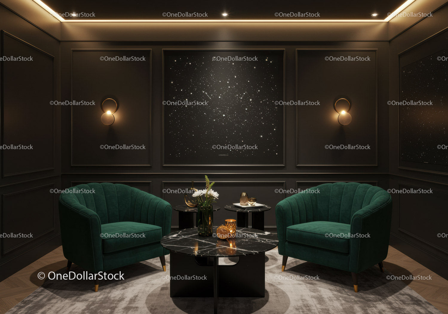 Elegant dark lounge with green velvet armchairs